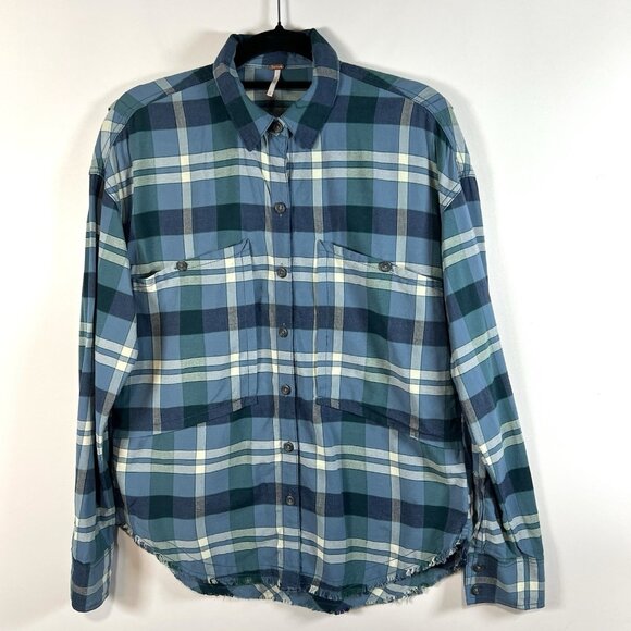 Free People Loveland Plaid Button Down Shirt Blue Rayon‎ Cotton Tunic Sz XS Boho - Picture 1 of 8
